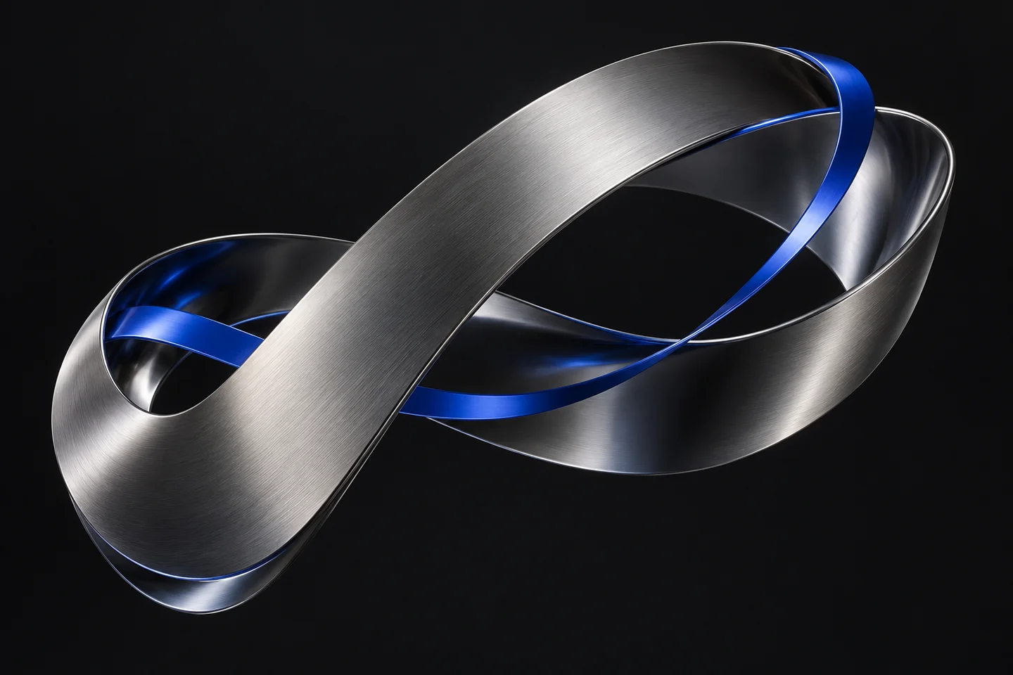 A sculptural titanium loop threaded with electric blue, expressing movement and connection.